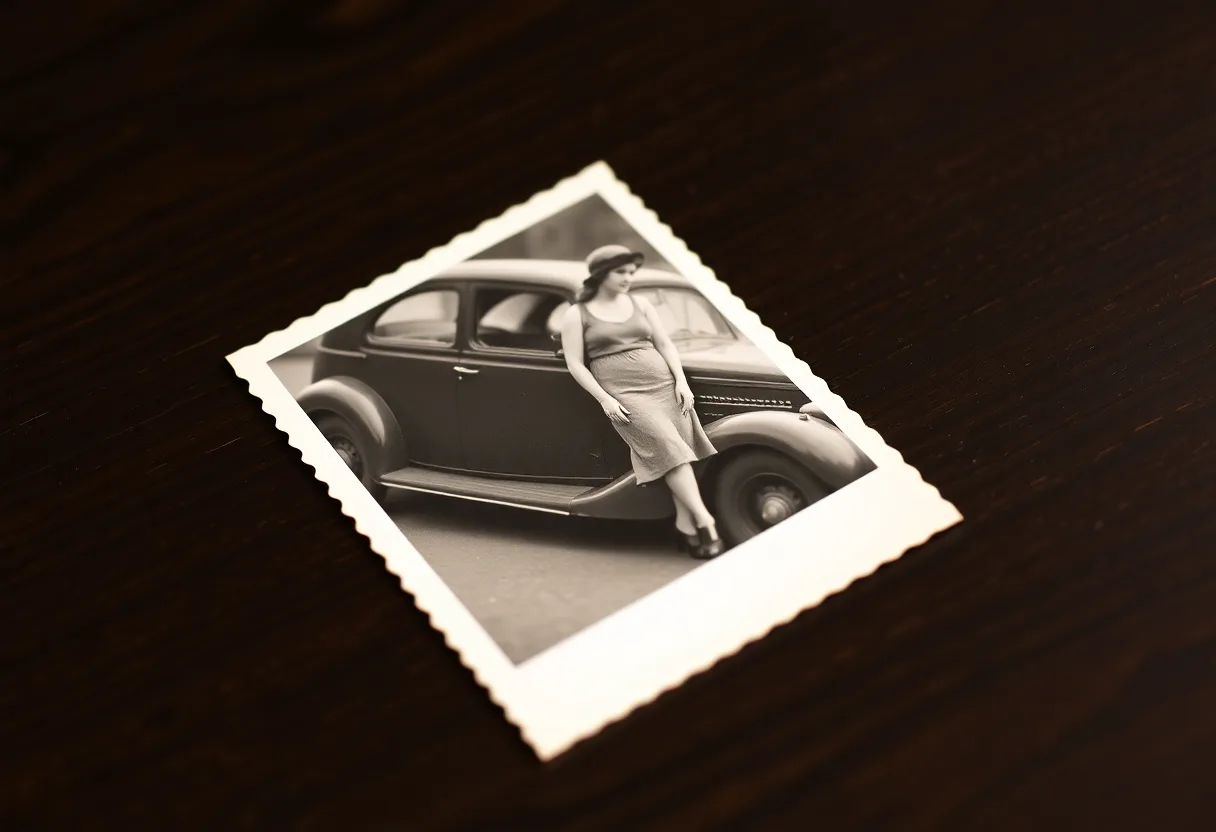 A small black and white snapshot with a deckled white border of a woman in a hat leaning on a vintage car, on a dark table