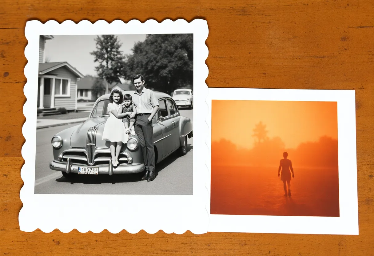 A black and white snapshot with scalloped edges of a family on a 1950s car, beside a faded orange colour print on a wooden table
