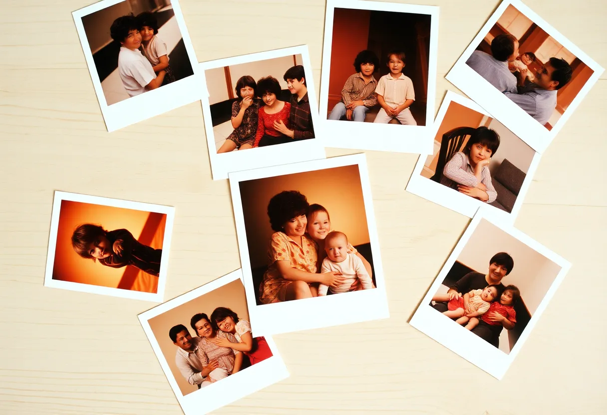 Colour family snapshots with a warm orange and red cast scattered on a light wooden table