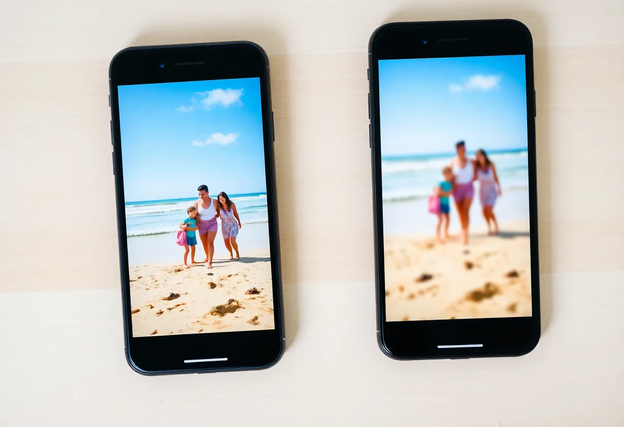 Two phones on a wooden table showing the same beach family photo, sharp on the left phone and blurry on the right