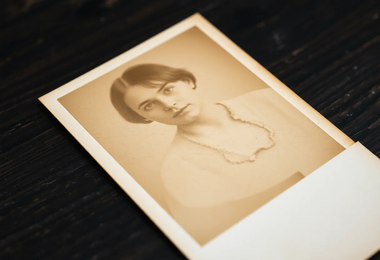 An old sepia portrait of a young woman with bobbed hair on a dark wooden table, with fine cracks across the surface of the print