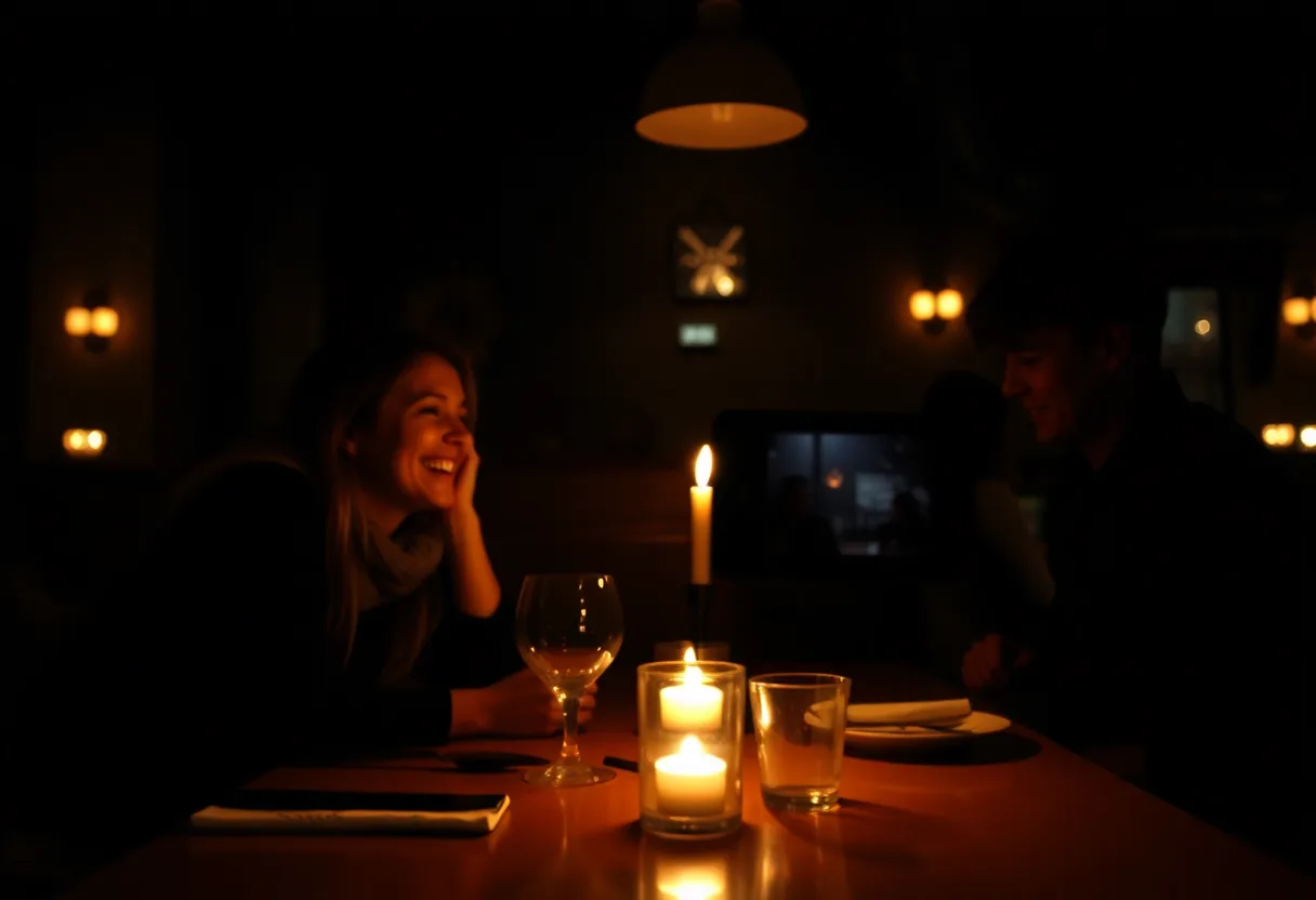 Two friends laughing at a candle-lit restaurant table at night, shot in low light with grain in the dark shadows