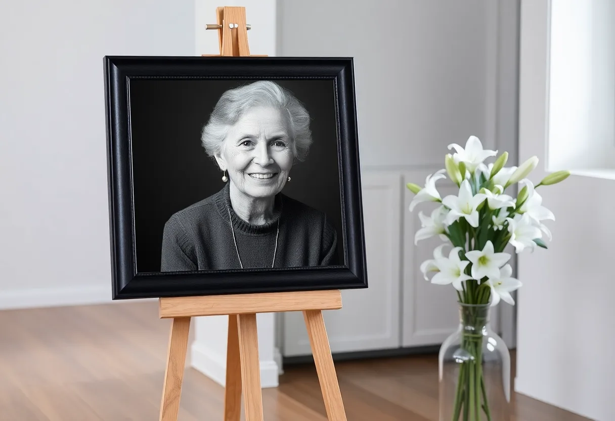 A framed black and white portrait of a smiling elderly woman on a wooden easel beside a vase of white lilies