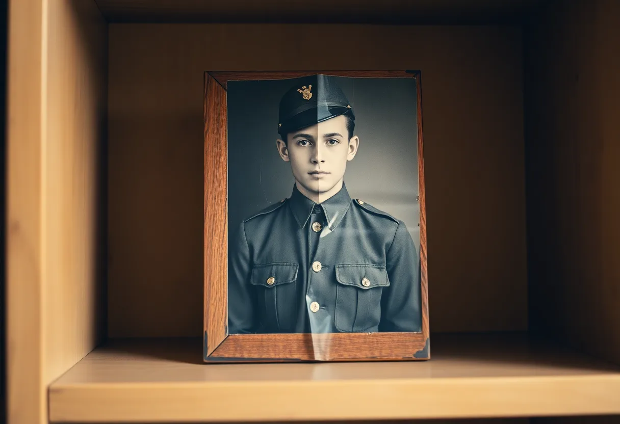 A creased, faded black and white portrait of a young soldier in uniform, in a worn wooden frame on a shelf