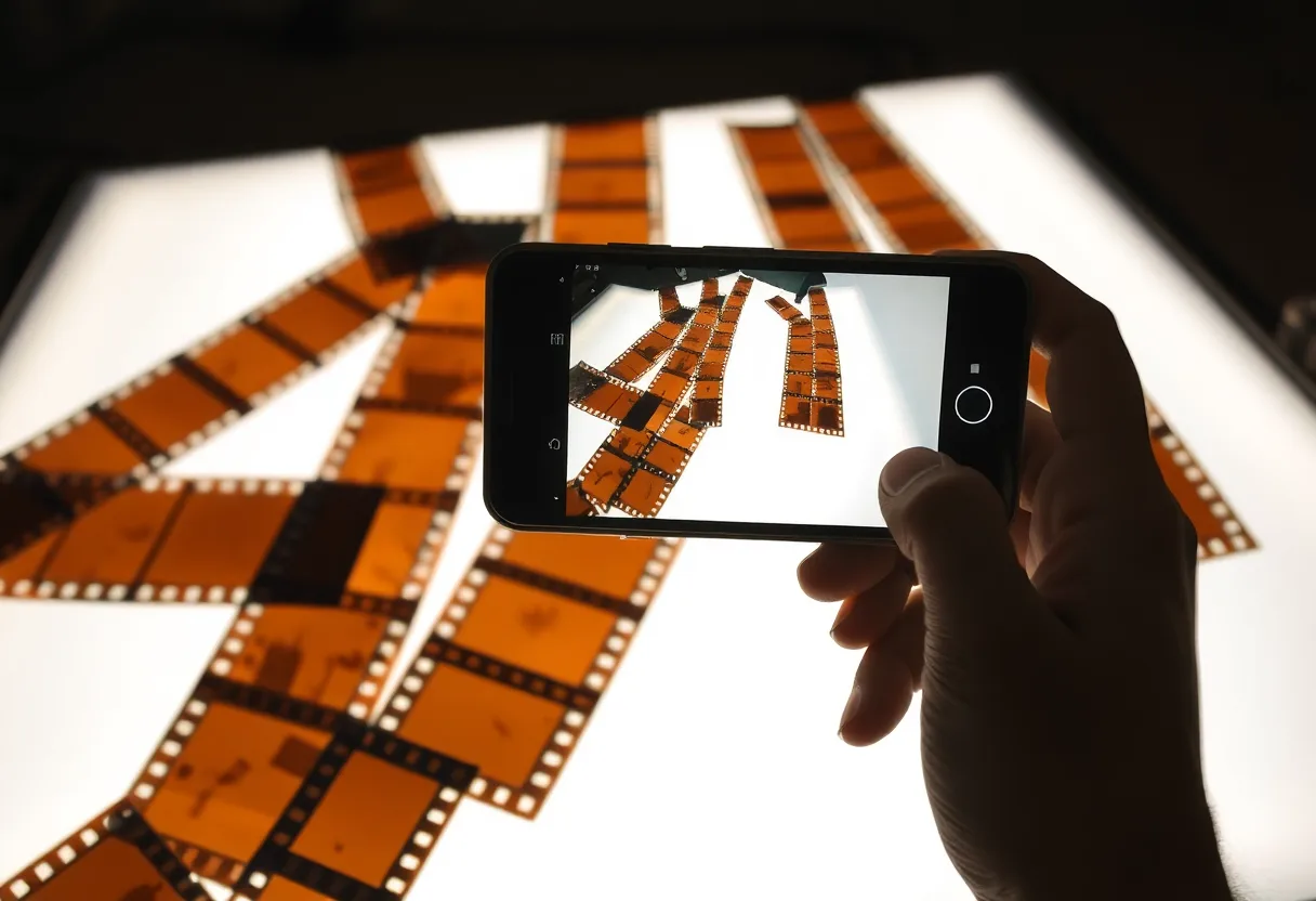 A hand holding a phone to photograph strips of orange colour film negatives laid on a glowing white light pad