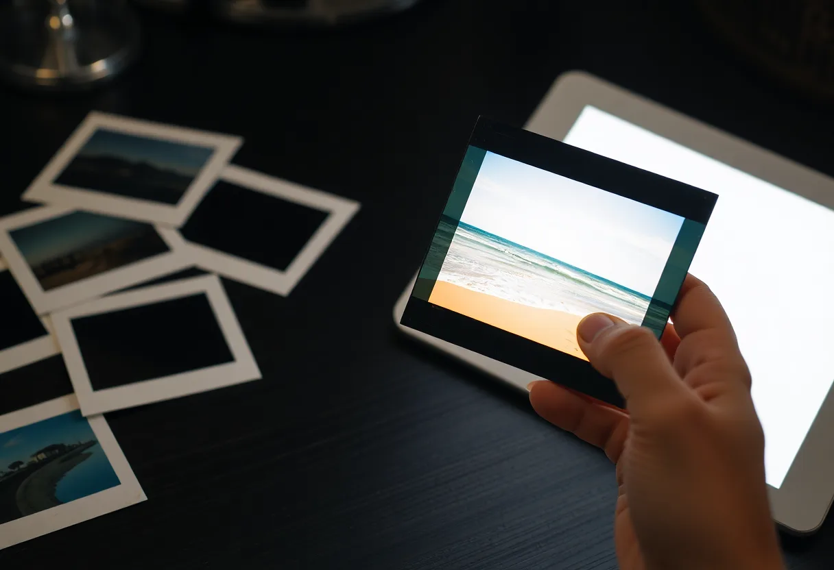 A hand holding a backlit beach transparency in front of a glowing tablet screen, with more small mounted photos on a dark desk
