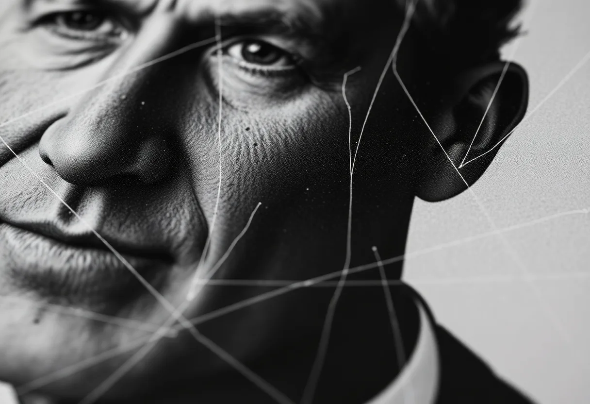 Close-up of an old black and white portrait of a man with thin white scratches running across his face and the background