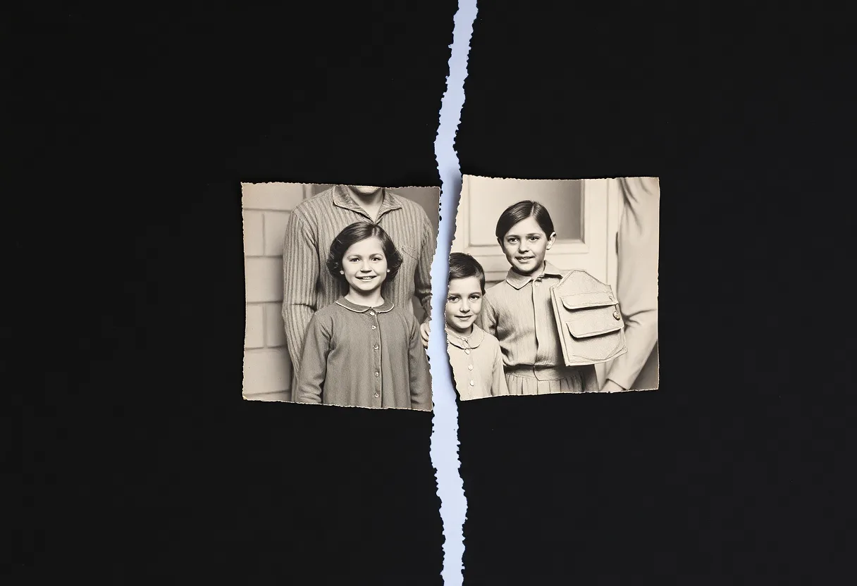 An old black and white photo of children torn into two pieces, laid on a black background with a jagged tear between them