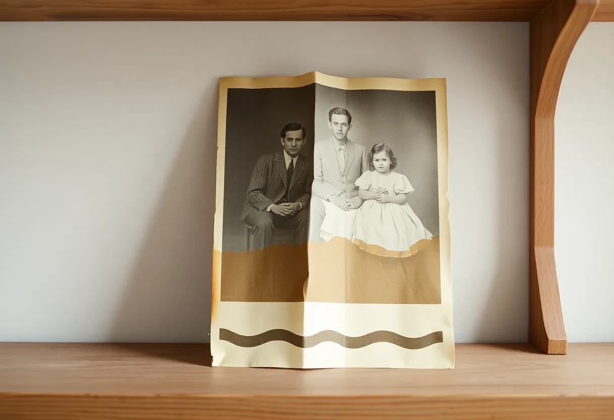 An old black and white family portrait propped on a wooden shelf, its lower half stained brown by water and the paper buckled