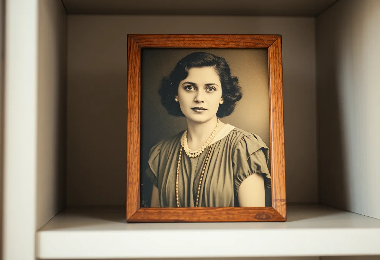 A framed black and white portrait of a woman from the 1930s on a white shelf, the whole print turned yellow and brown with age