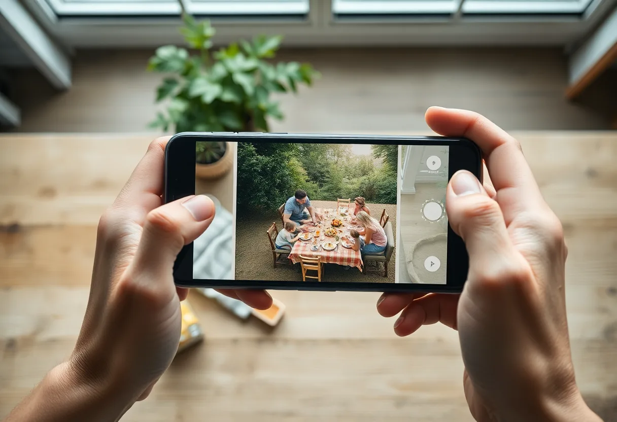 Two hands holding a phone over a wooden table, its screen showing a colour photo of a family eating outdoors