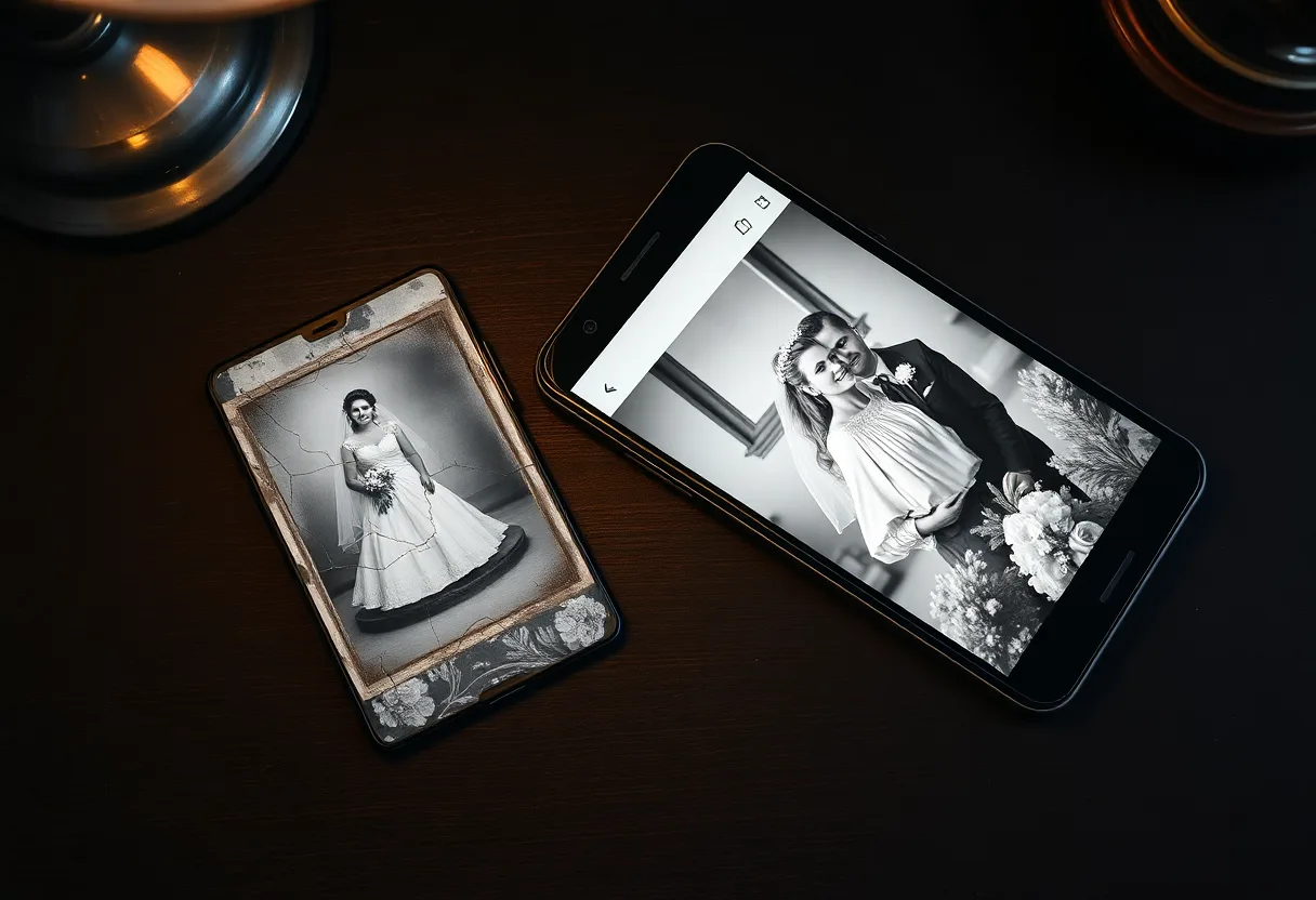 Two phones on a dark desk, one showing a cracked black and white wedding portrait and the other a clean wedding photo