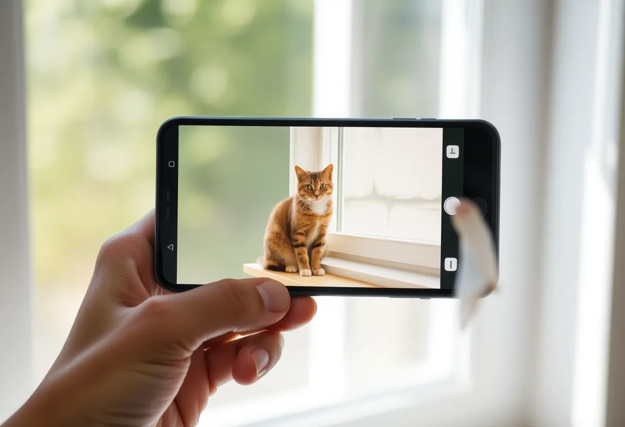 A hand holding a phone showing a sharp photo of a ginger cat on a sunny windowsill, with the real window blurred behind