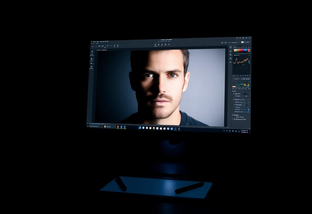 A monitor in a dark room showing a photo editing workspace with a close-up portrait of a man, a pen tablet on the desk