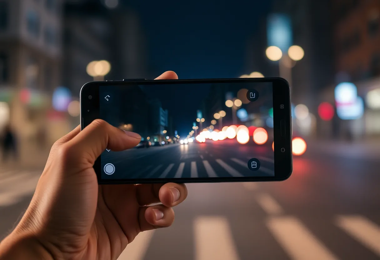 A hand holding an Android phone at night, its camera screen framing a city street with the street lights blurred behind it